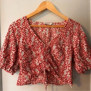 Lush Cherry Print Ruched Crop Top Puff Sleeve Cottagecore Blouse M